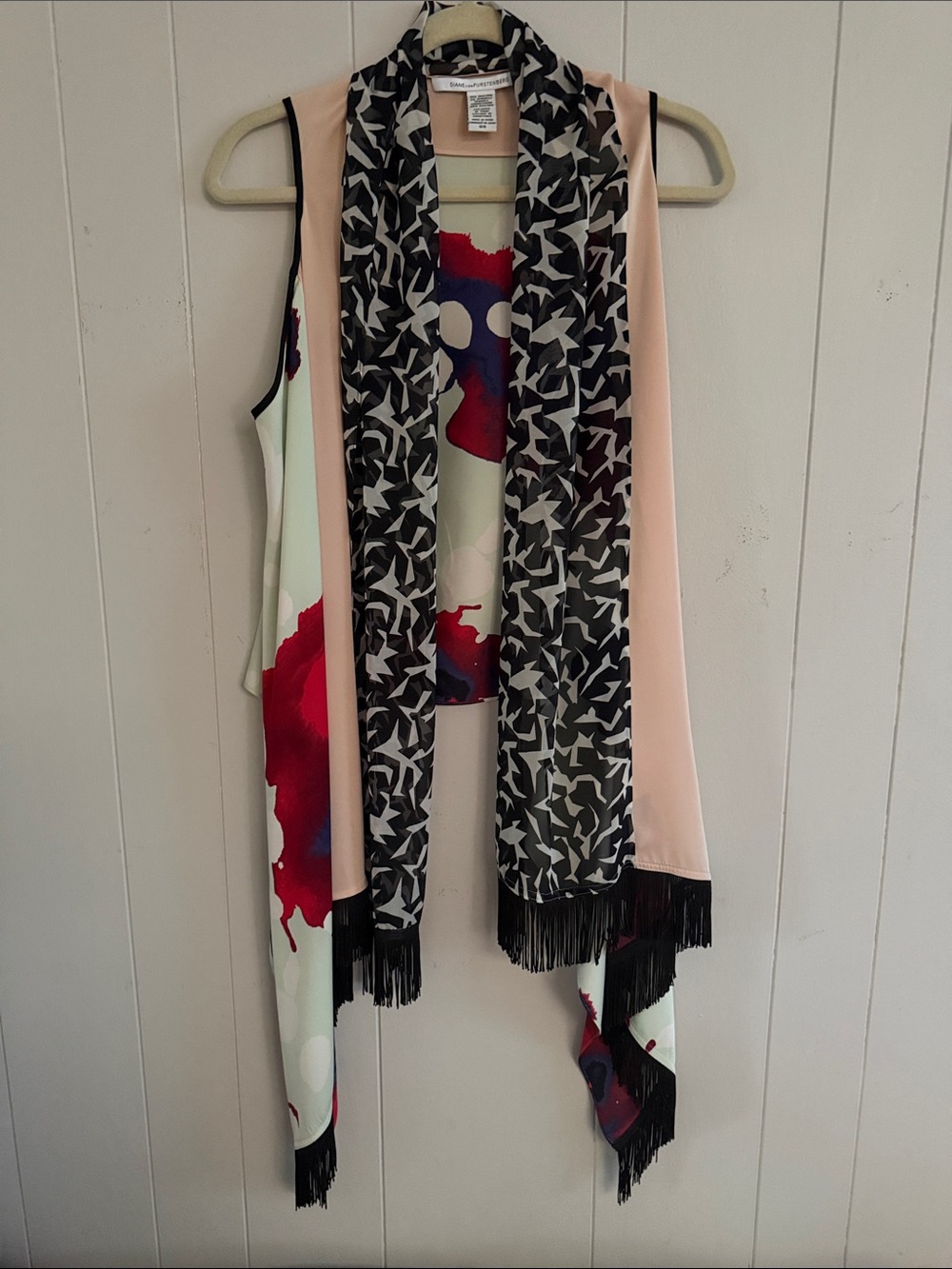 Diane Von Furstenberg Black, Pale Pink & Red Patterned Fringe Scarf Vest